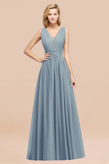 Modest Dark Green Long Bridesmaid Dress Deep V-Neck Chiffon Maid of Honor Dress-Babyonlines