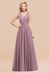 Modest Dark Green Long Bridesmaid Dress Deep V-Neck Chiffon Maid of Honor Dress-Babyonlines