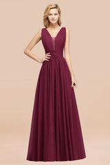 Modest Dark Green Long Bridesmaid Dress Deep V-Neck Chiffon Maid of Honor Dress-Babyonlines