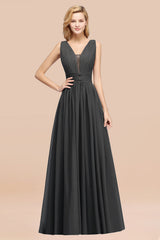 Modest Dark Green Long Bridesmaid Dress Deep V-Neck Chiffon Maid of Honor Dress-Babyonlines
