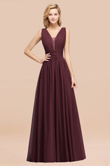 Modest Dark Green Long Bridesmaid Dress Deep V-Neck Chiffon Maid of Honor Dress-Babyonlines