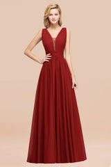 Modest Dark Green Long Bridesmaid Dress Deep V-Neck Chiffon Maid of Honor Dress-Babyonlines