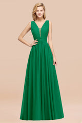Modest Dark Green Long Bridesmaid Dress Deep V-Neck Chiffon Maid of Honor Dress-Babyonlines