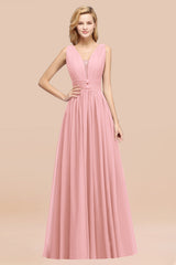 Modest Dark Green Long Bridesmaid Dress Deep V-Neck Chiffon Maid of Honor Dress-Babyonlines