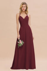 Modest Halter V-Neck Sleeveless Long Bridesmaid Dresses Online-Babyonlines