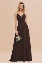 Modest Halter V-Neck Sleeveless Long Bridesmaid Dresses Online-Babyonlines