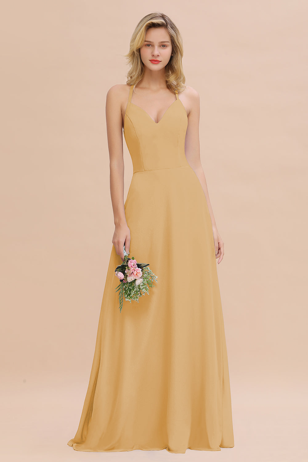 Modest Halter V-Neck Sleeveless Long Bridesmaid Dresses Online-Babyonlines