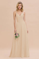 Modest Halter V-Neck Sleeveless Long Bridesmaid Dresses Online-Babyonlines