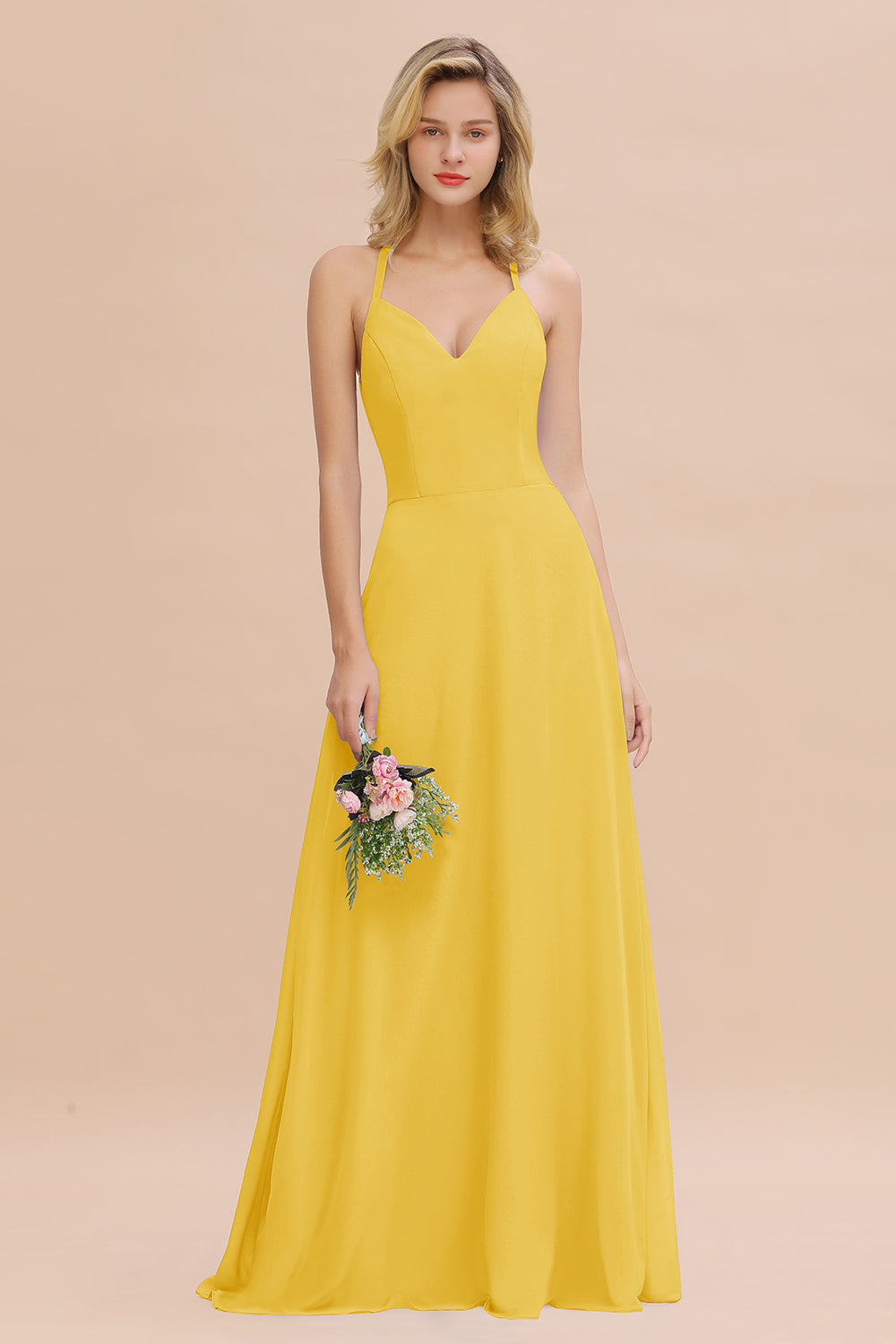 Modest Halter V-Neck Sleeveless Long Bridesmaid Dresses Online-Babyonlines
