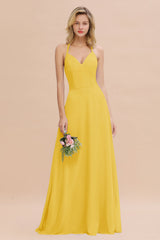 Modest Halter V-Neck Sleeveless Long Bridesmaid Dresses Online-Babyonlines