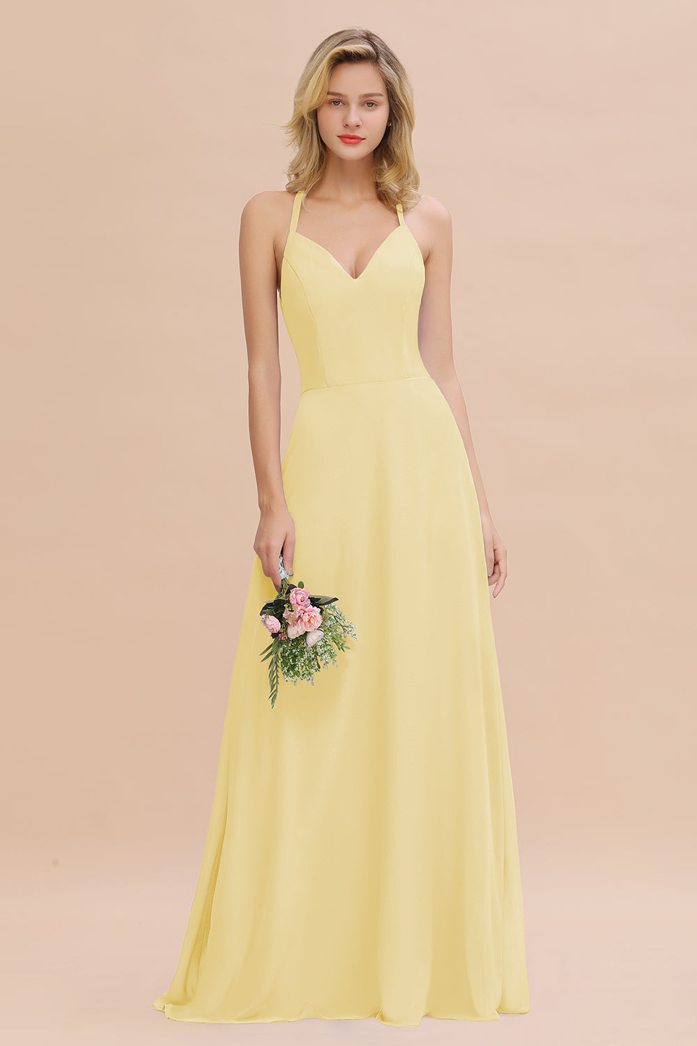 Modest Halter V-Neck Sleeveless Long Bridesmaid Dresses Online-Babyonlines