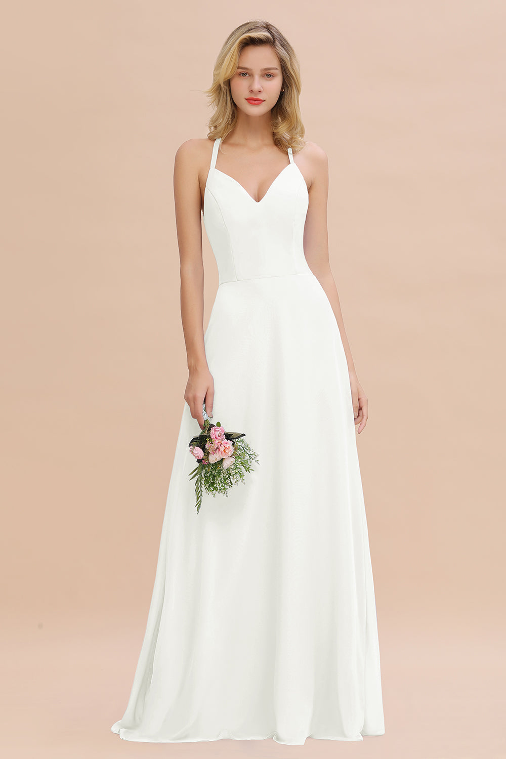 Modest Halter V-Neck Sleeveless Long Bridesmaid Dresses Online-Babyonlines