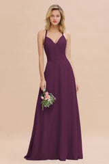 Modest Halter V-Neck Sleeveless Long Bridesmaid Dresses Online-Babyonlines