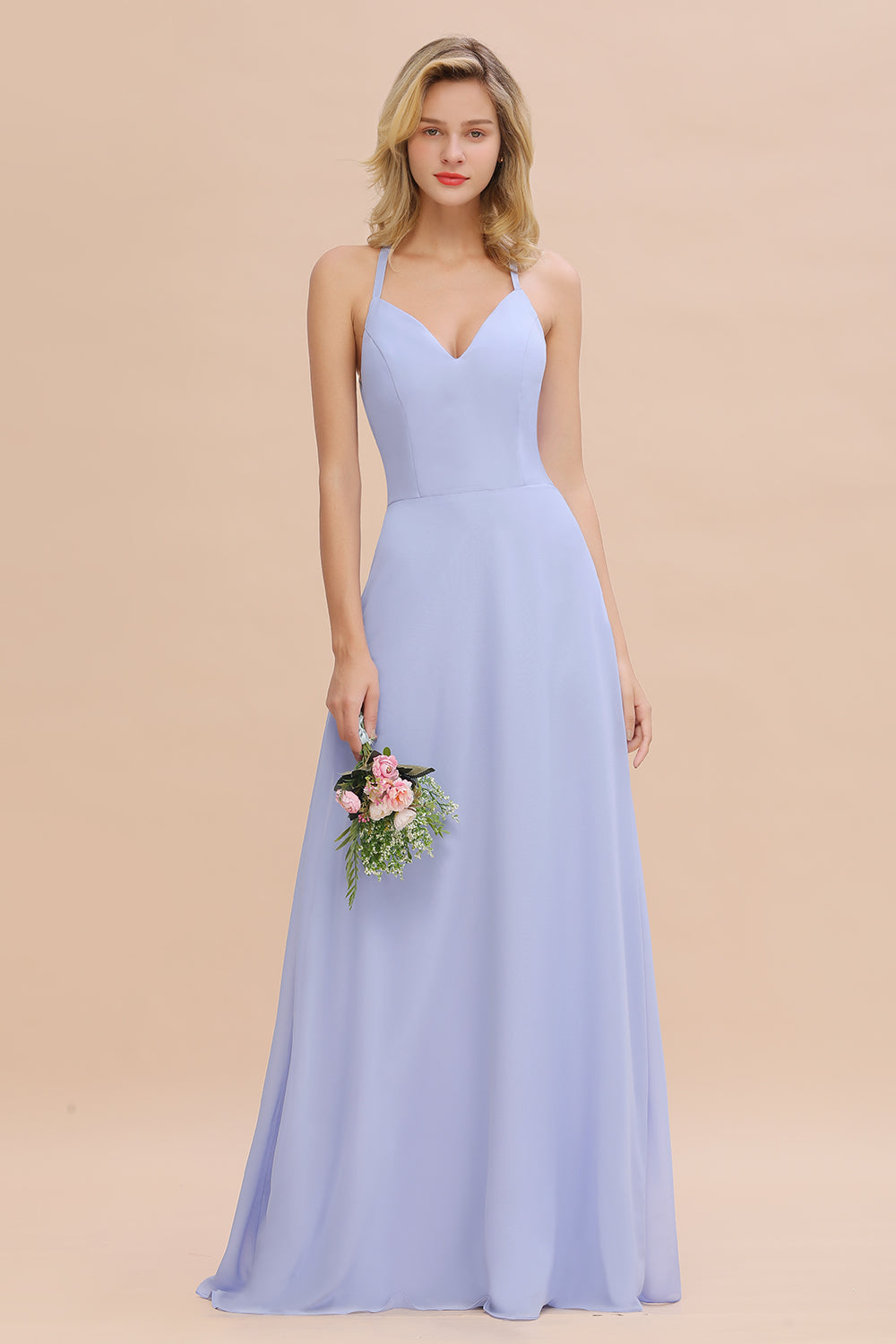 Modest Halter V-Neck Sleeveless Long Bridesmaid Dresses Online-Babyonlines