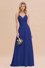 Modest Halter V-Neck Sleeveless Long Bridesmaid Dresses Online-Babyonlines