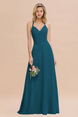 Modest Halter V-Neck Sleeveless Long Bridesmaid Dresses Online-Babyonlines