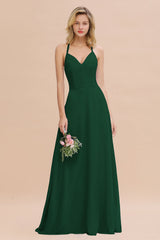 Modest Halter V-Neck Sleeveless Long Bridesmaid Dresses Online-Babyonlines