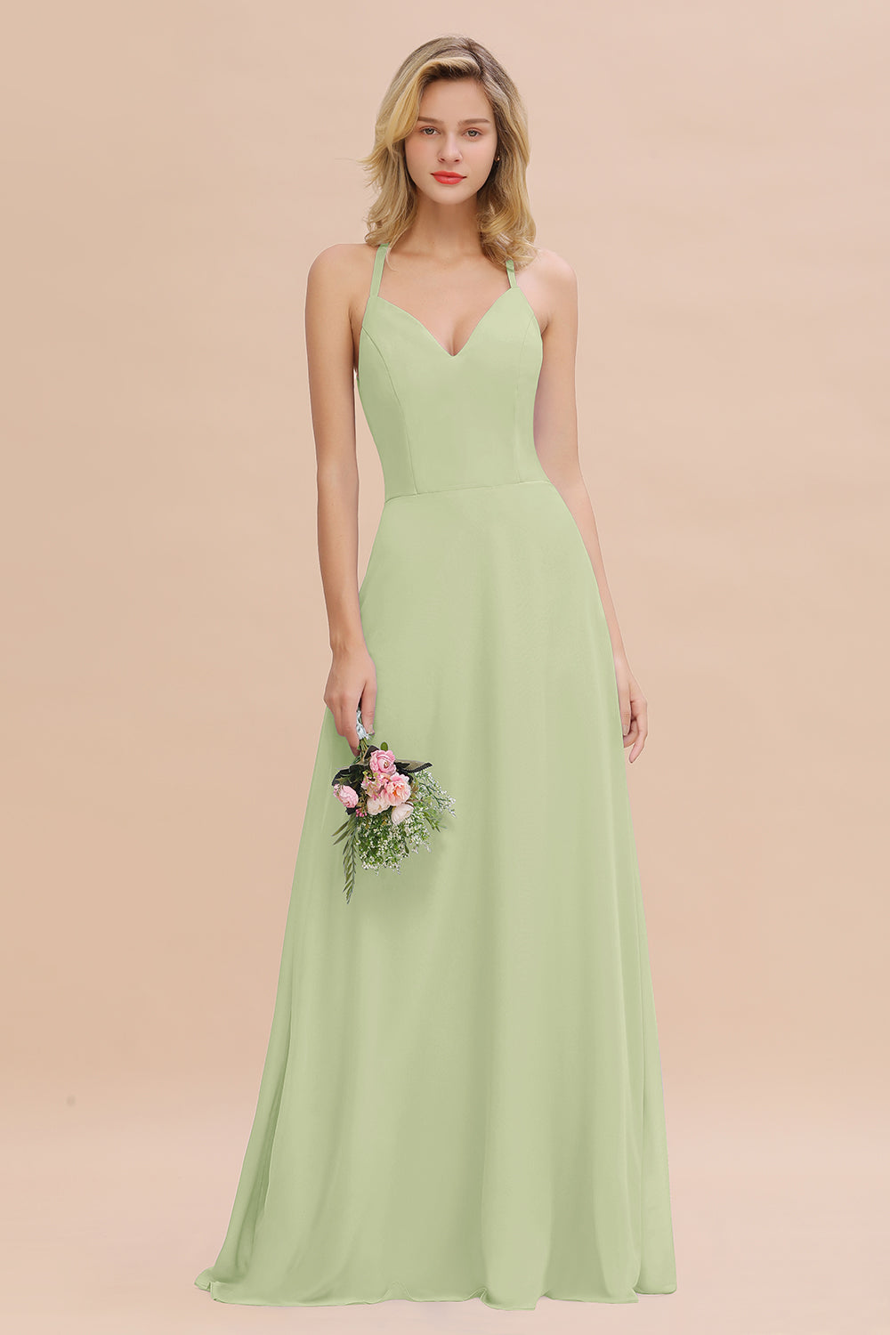Modest Halter V-Neck Sleeveless Long Bridesmaid Dresses Online-Babyonlines
