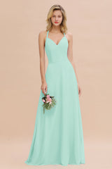 Modest Halter V-Neck Sleeveless Long Bridesmaid Dresses Online-Babyonlines
