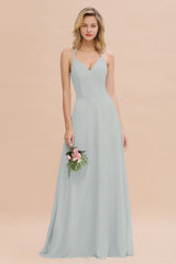 Modest Halter V-Neck Sleeveless Long Bridesmaid Dresses Online-Babyonlines