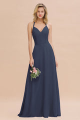 Modest Halter V-Neck Sleeveless Long Bridesmaid Dresses Online-Babyonlines