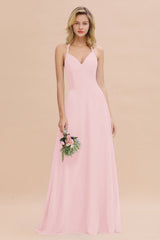 Modest Halter V-Neck Sleeveless Long Bridesmaid Dresses Online-Babyonlines