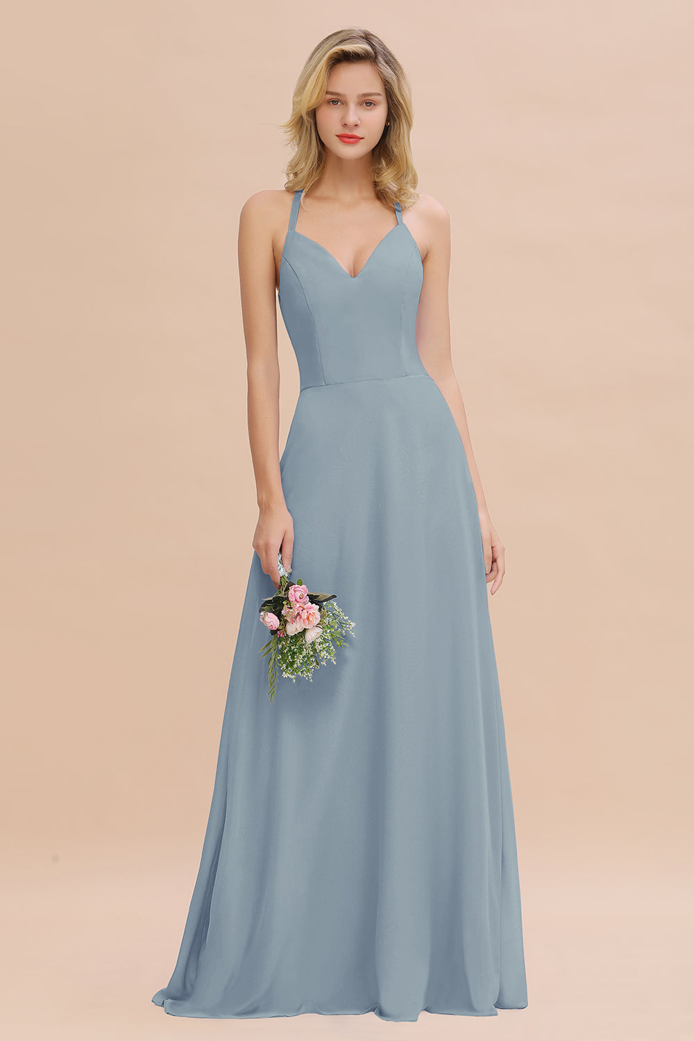 Modest Halter V-Neck Sleeveless Long Bridesmaid Dresses Online-Babyonlines