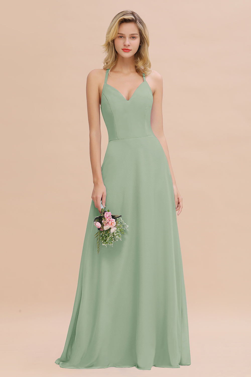 Modest Halter V-Neck Sleeveless Long Bridesmaid Dresses Online-Babyonlines