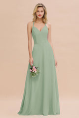 Modest Halter V-Neck Sleeveless Long Bridesmaid Dresses Online-Babyonlines