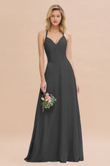 Modest Halter V-Neck Sleeveless Long Bridesmaid Dresses Online-Babyonlines