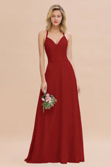 Modest Halter V-Neck Sleeveless Long Bridesmaid Dresses Online-Babyonlines