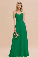 Modest Halter V-Neck Sleeveless Long Bridesmaid Dresses Online-Babyonlines