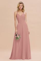 Modest Halter V-Neck Sleeveless Long Bridesmaid Dresses Online-Babyonlines