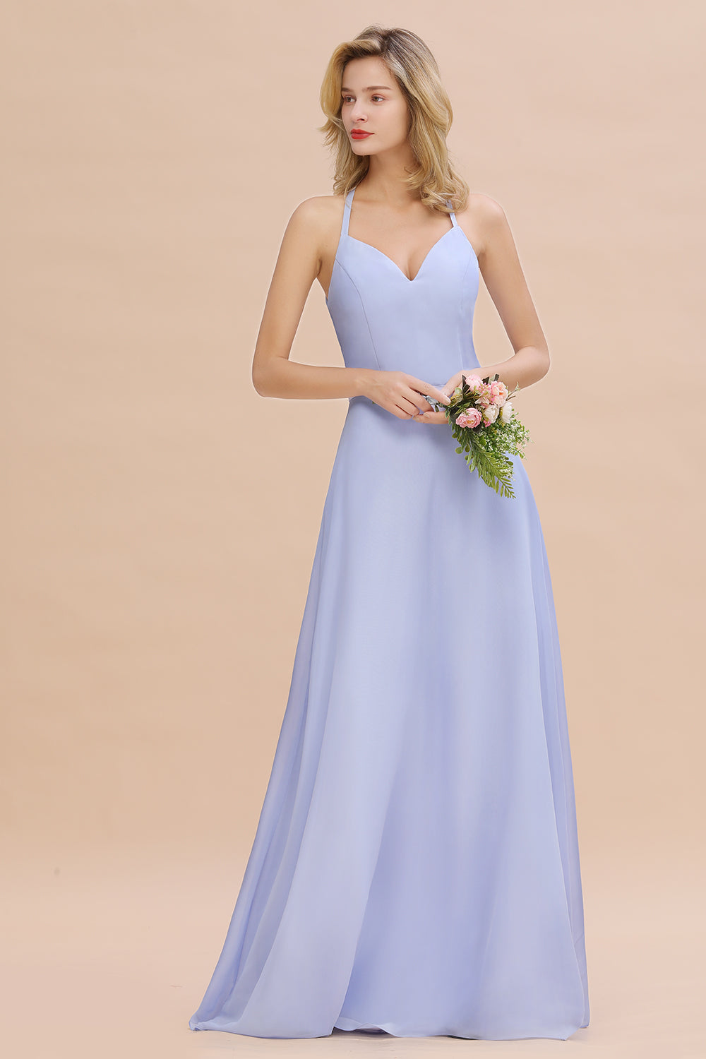 Modest Halter V-Neck Sleeveless Long Bridesmaid Dresses Online-Babyonlines