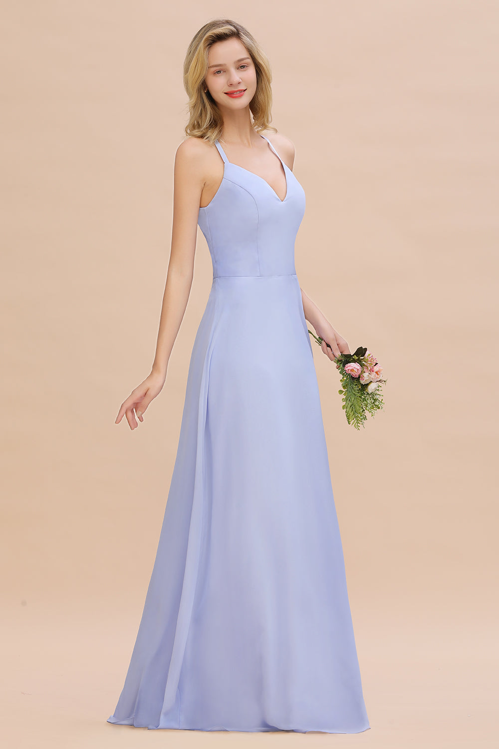 Modest Halter V-Neck Sleeveless Long Bridesmaid Dresses Online-Babyonlines