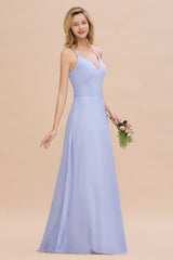 Modest Halter V-Neck Sleeveless Long Bridesmaid Dresses Online-Babyonlines