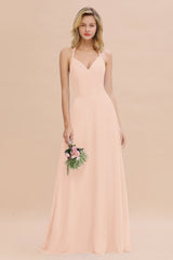 Modest Halter V-Neck Sleeveless Long Bridesmaid Dresses Online-Babyonlines