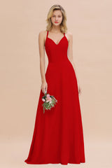 Modest Halter V-Neck Sleeveless Long Bridesmaid Dresses Online-Babyonlines