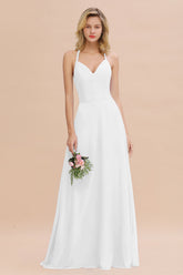 Modest Halter V-Neck Sleeveless Long Bridesmaid Dresses Online-Babyonlines