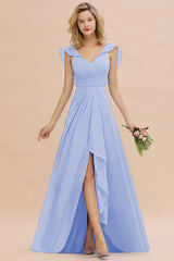 Modest Hi-Lo V-Neck Ruffle Long Bridesmaid Dress with Slit-Babyonlines
