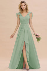 Modest Hi-Lo V-Neck Ruffle Long Bridesmaid Dress with Slit-Babyonlines