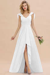Modest Hi-Lo V-Neck Ruffle Long Bridesmaid Dress with Slit-Babyonlines