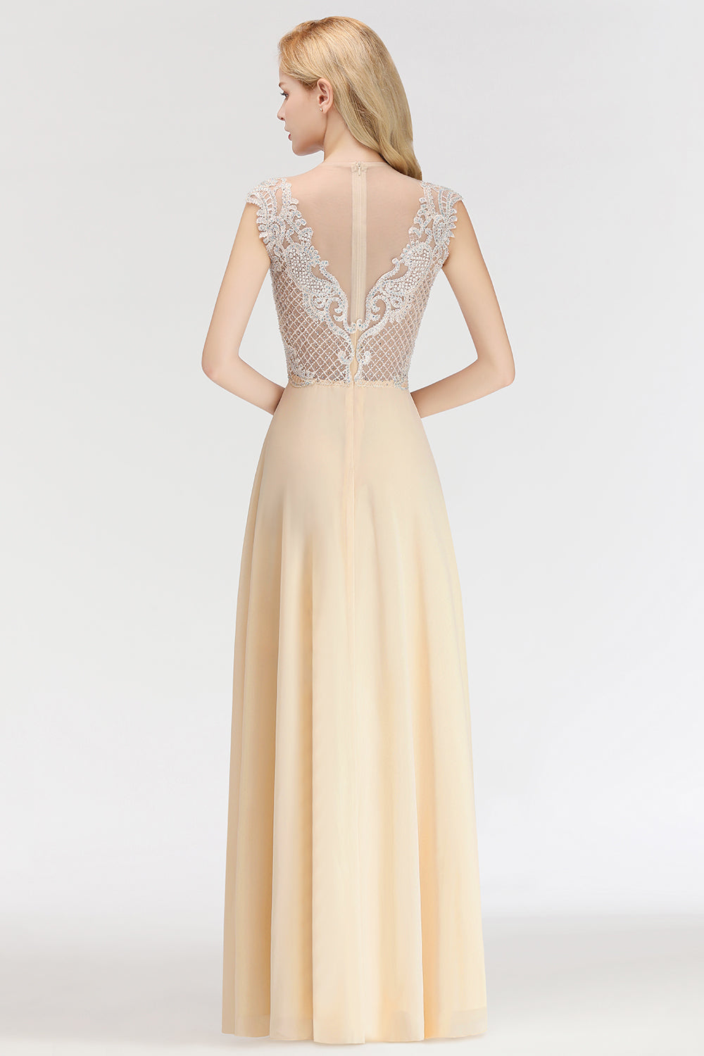 Modest Jewel Champagne Lace Bridesmaid Dresses with Beadings-Babyonlines