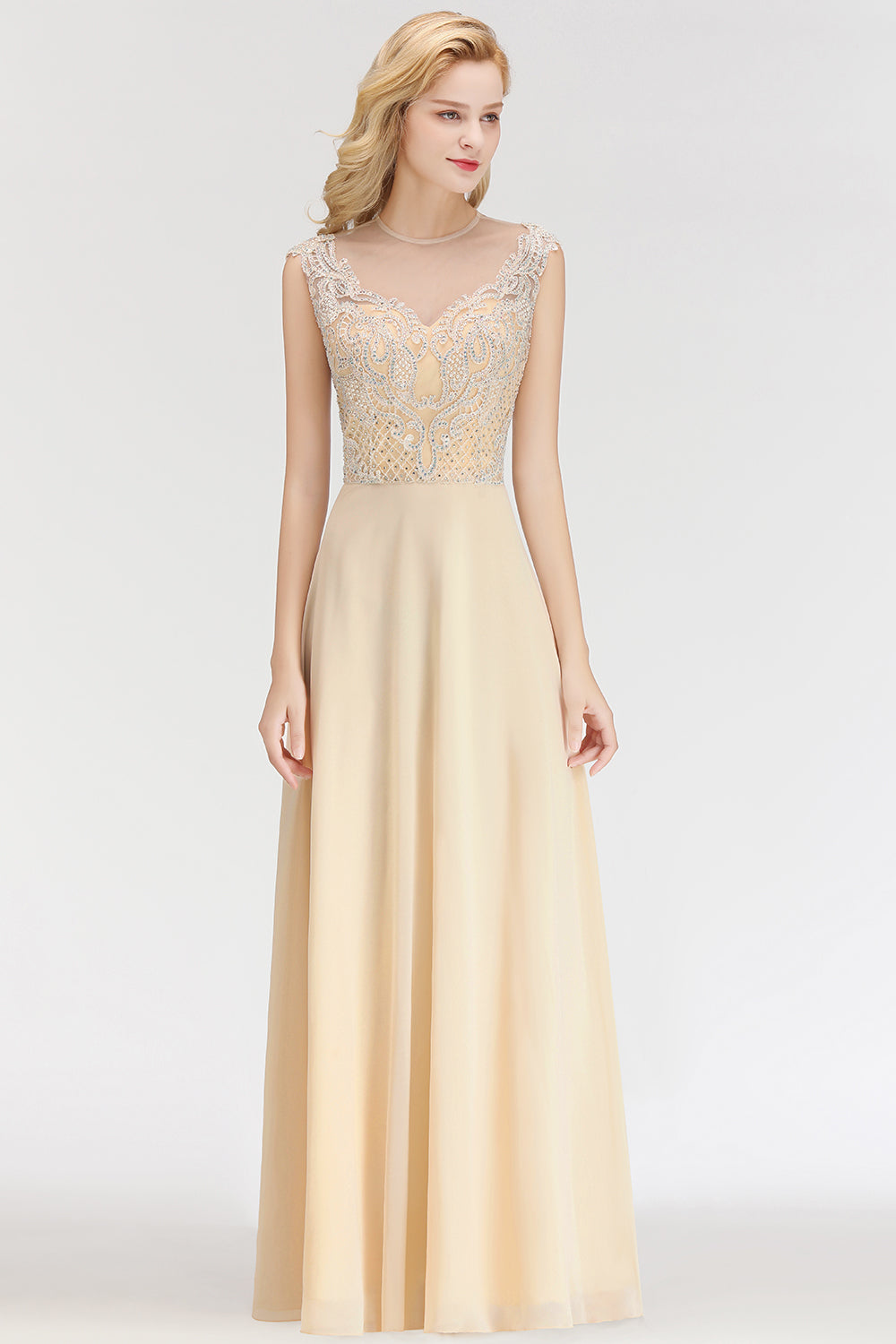 Modest Jewel Champagne Lace Bridesmaid Dresses with Beadings-Babyonlines