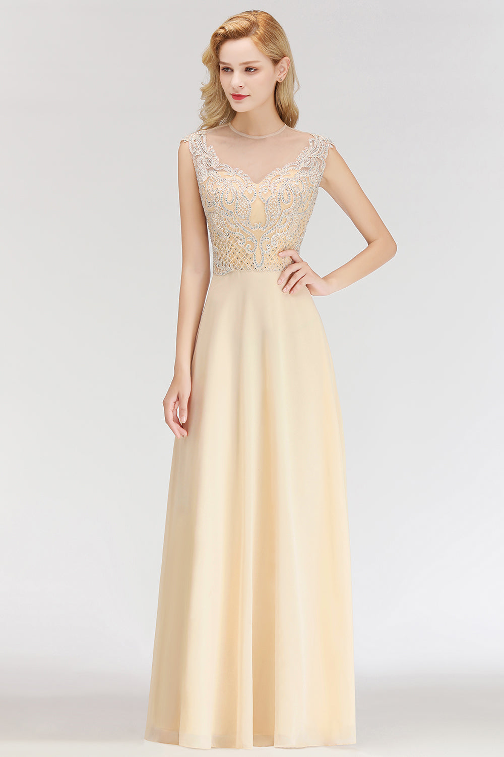 Modest Jewel Champagne Lace Bridesmaid Dresses with Beadings-Babyonlines