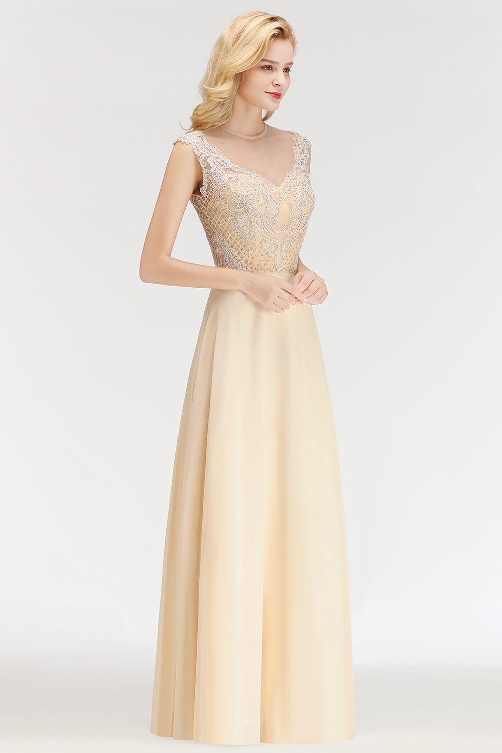 Modest Jewel Champagne Lace Bridesmaid Dresses with Beadings-Babyonlines