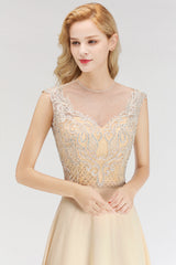 Modest Jewel Champagne Lace Bridesmaid Dresses with Beadings-Babyonlines