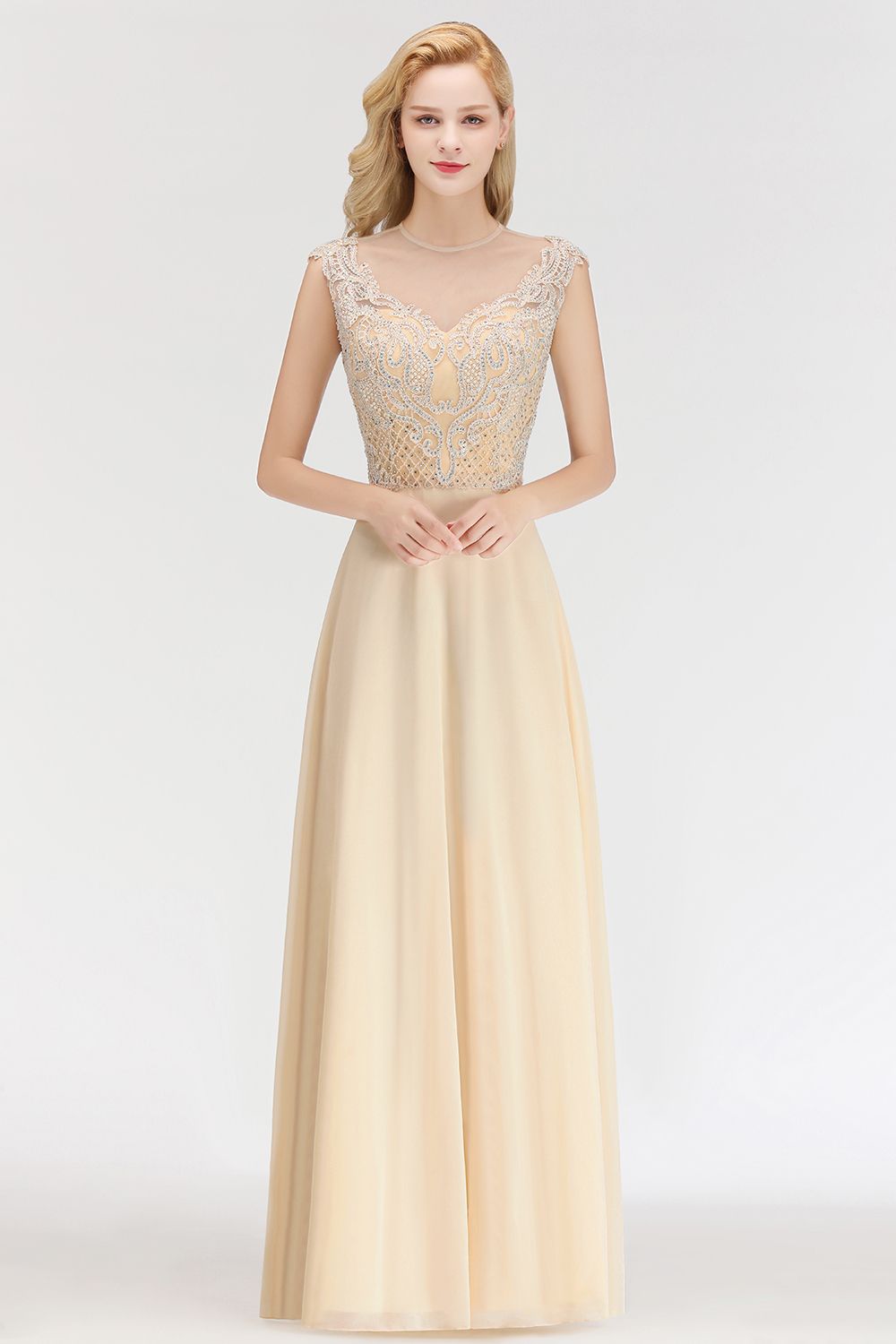 Modest Jewel Champagne Lace Bridesmaid Dresses with Beadings-Babyonlines
