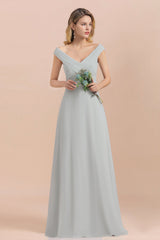 Modest Off-the-Shoulder Mist Chiffon Bridesmaid Dresses with Pleats-Babyonlines