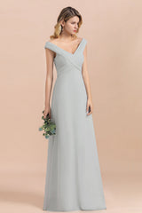 Modest Off-the-Shoulder Mist Chiffon Bridesmaid Dresses with Pleats-Babyonlines